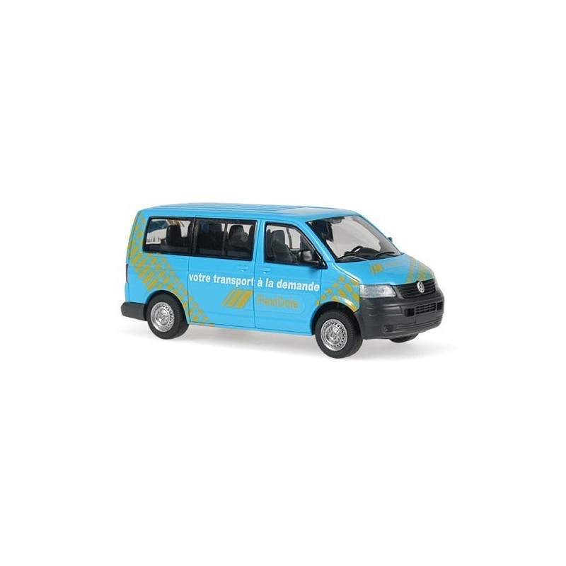 Model redukcyjny Volkswagen T5 Transporter Bus "FlexiDole, Dole" w skali 1/87, Herpa. Niebieski z żółtymi wzorami i napisami.