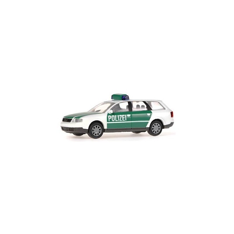 Model redukcyjny Audi A6 Avant Polizei, skala 1:87. Zielono-biały samochód z napisem Polizei.