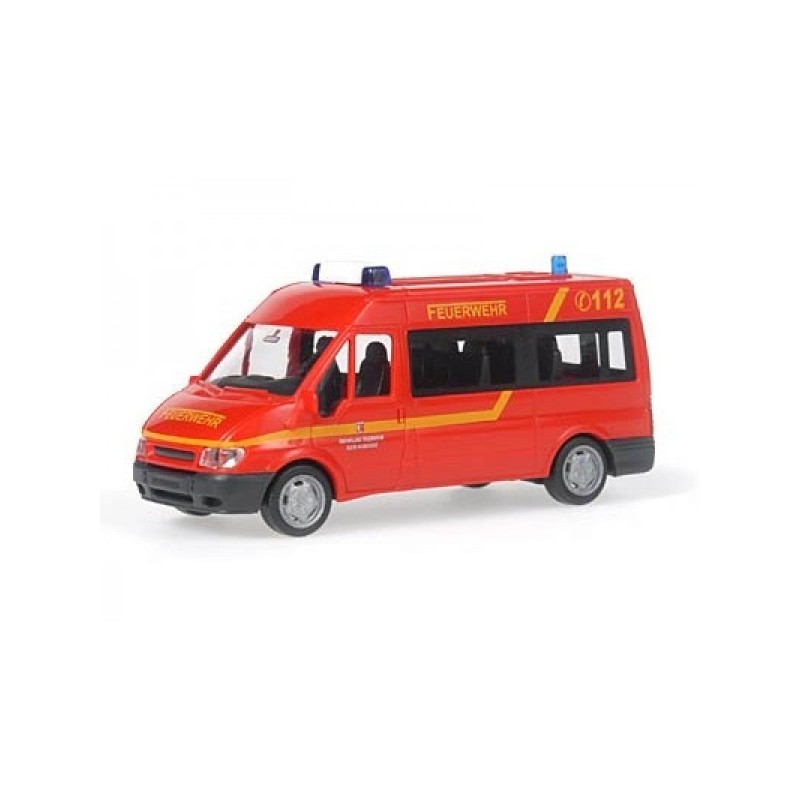 Model redukcyjny Ford Transit FW Klein Nordende, skala 1:87. Czerwony samochód strażacki z napisem "FEUERWEHR" i numerem "112".