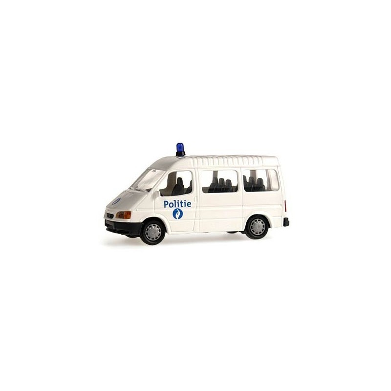 Model redukcyjny FORD Transit Politie, skala 1:87. Biały van z niebieskimi oznaczeniami policji i sygnałem.