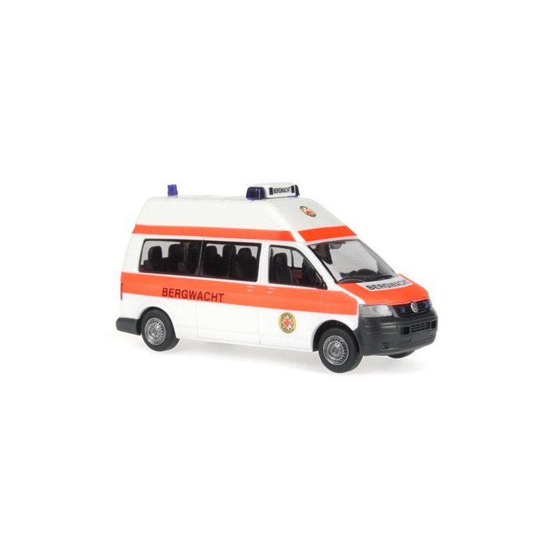 Model redukcyjny Volkswagen T5 Transporter Bus Bergwacht, skala 1:87, biało-pomarańczowy, detale Bergwacht.