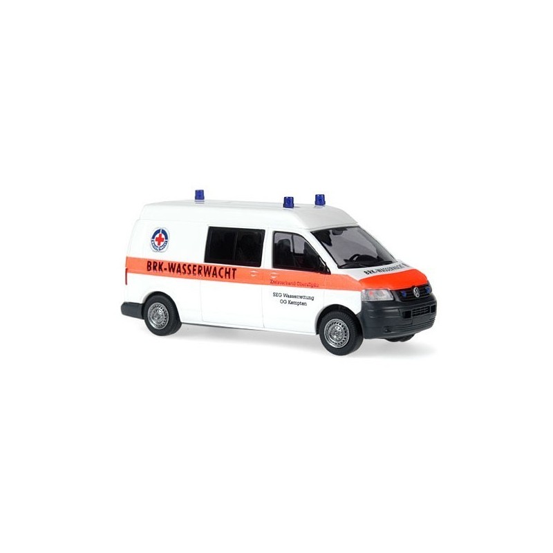 Model redukcyjny VW T5 Transporter Halbbus BRK Wasserwacht, Kempten, skala 1:87. Biały z pomarańczowym paskiem, logo Wasserwacht