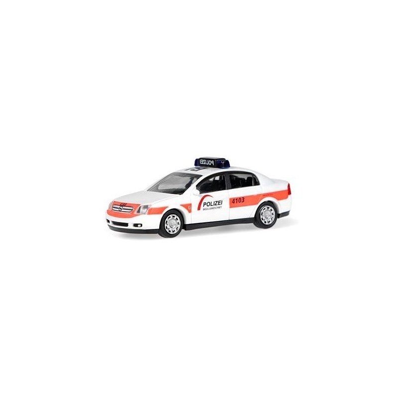 Model redukcyjny Opel Vectra Polizei Basel, skala 1:87, biały z pomarańczowymi pasami.
