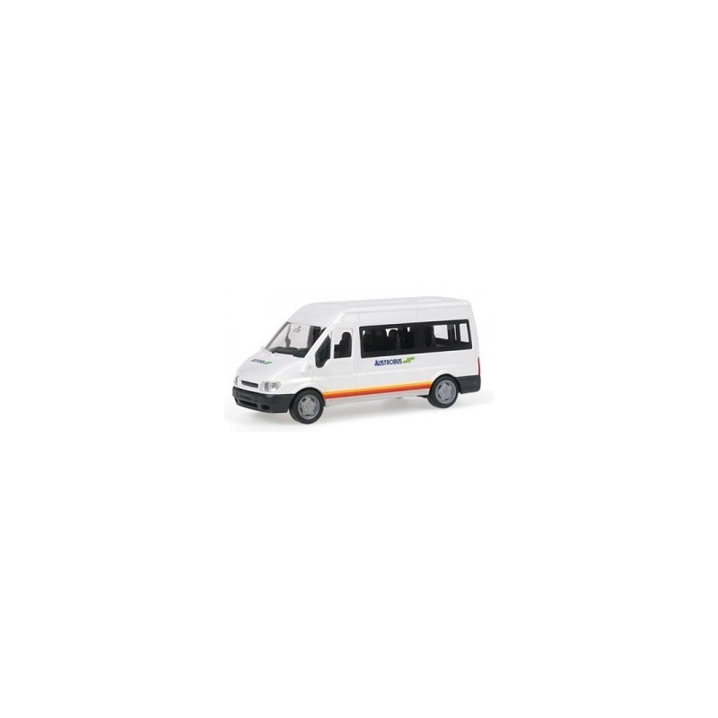 Model redukcyjny FORD Transit Austrobus, skala 1:87, biały z pomarańczowym paskiem.