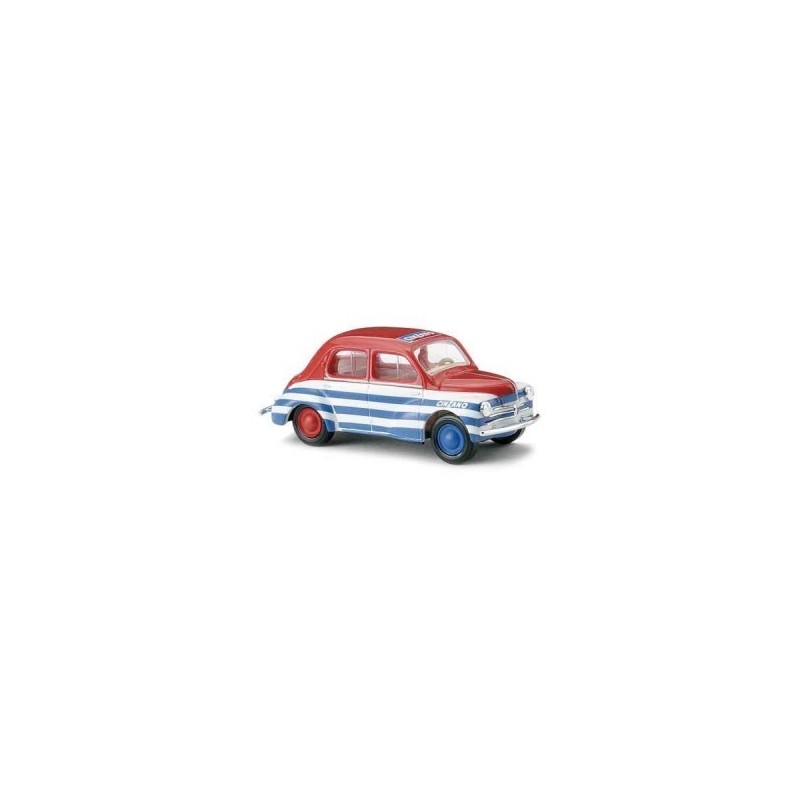 Model redukcyjny Renault 4CV, skala 1:87, czerwono-biało-niebieski.