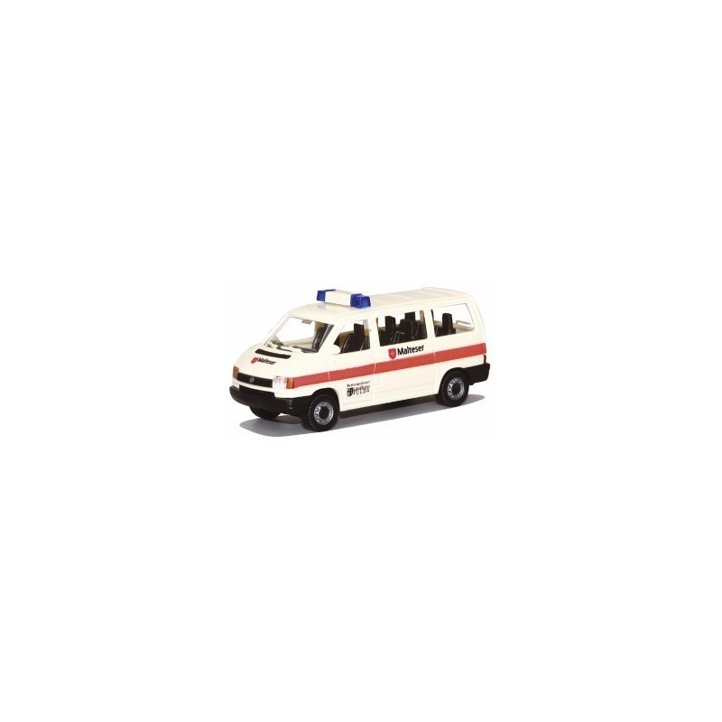 Model VW T4 Malteser Fulda, skala 1:87, Herpa. Biały van z czerwonym paskiem i napisem Malteser.
