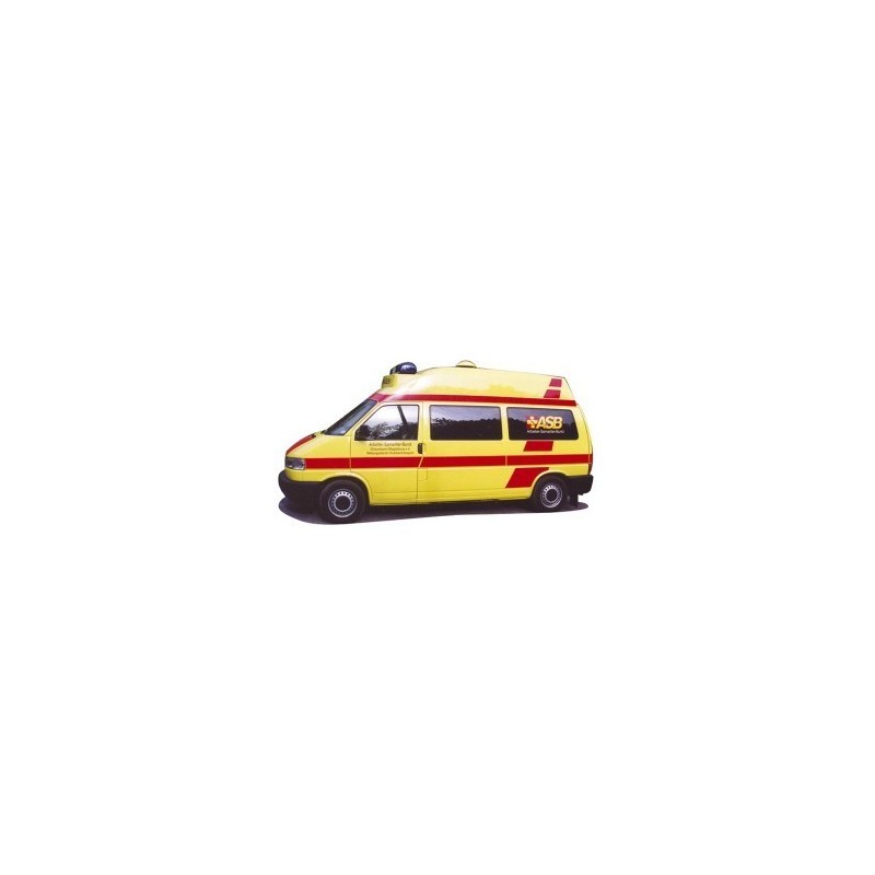 Model VW T4 ASB Krankenwagen, 1:87, żółty z czerwonymi paskami.