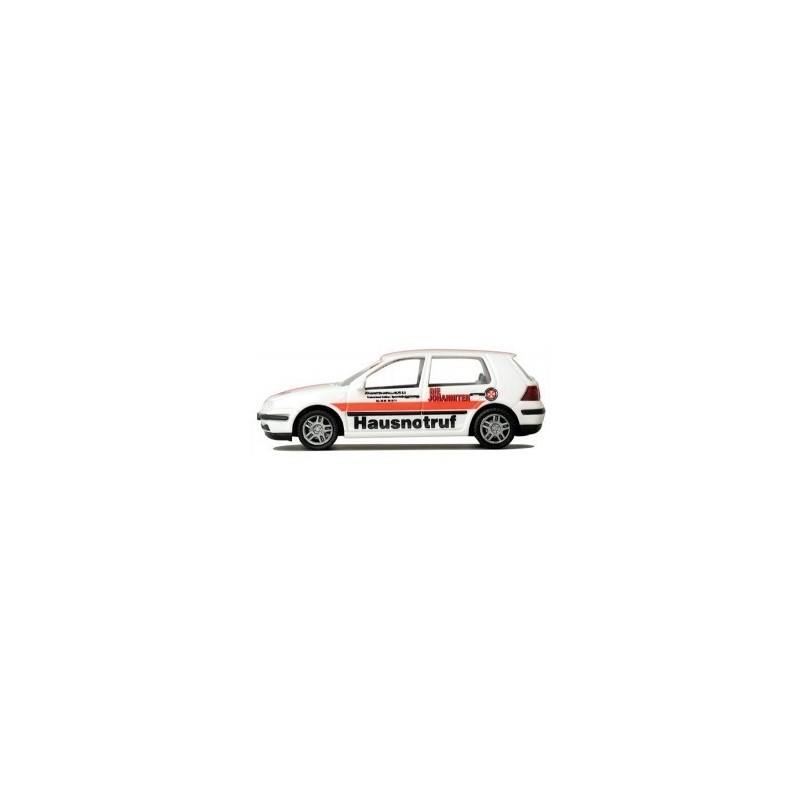 Model VW Golf IV, skala 1:87, JUH/Hausnotruf Cottbus, biały z pomarańczowymi detalami.