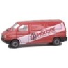 Model VW T4, skala 1:87, LR Kärber - Heiztechnik, czerwony z białym paskiem i logo.