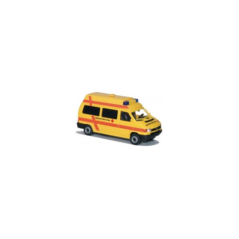 Model redukcyjny VW T4, skala 1:87, AWM. Żółty ambulans z czerwonym krzyżem i napisami DRK.