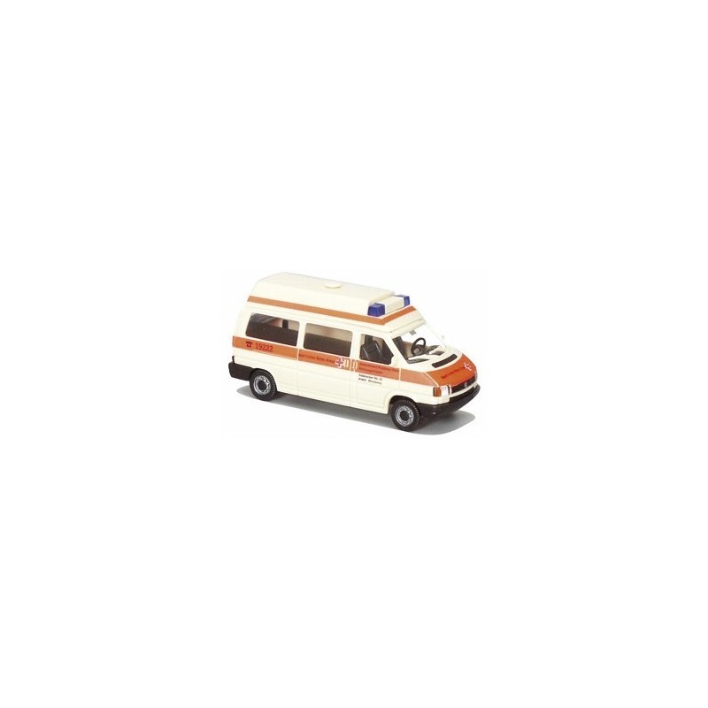 Model redukcyjny VW T4, skala 1:87, BRK Nürnberg. Biała i pomarańczowa karetka.