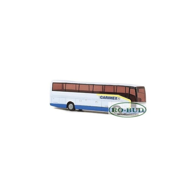 Mercedes-Benz O 404 RHD, 1:160, Carimex-Dietrich. Biały i niebieski bus z logotypem Carimex.