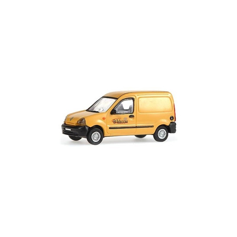 Model redukcyjny Renault Kangoo Telecom, skala 1:87, żółty z czarnymi akcentami i logotypem B-Telecom.
