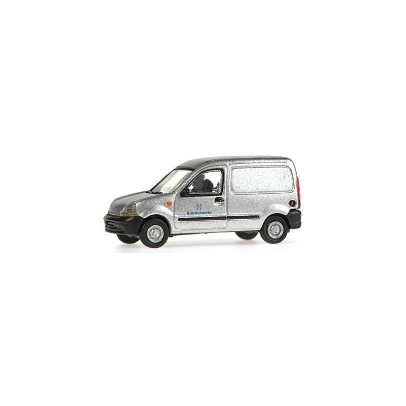 Model redukcyjny Renault Kangoo Bundeswehr, skala 1:87, srebrny z niebieskim logo.