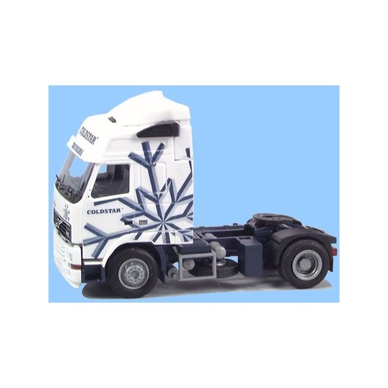 Model redukcyjny Volvo FH Glob "Eiskristall", skala 1:87, bez producenta. Biały z niebieskimi płatkami śniegu, napis Coldstar.