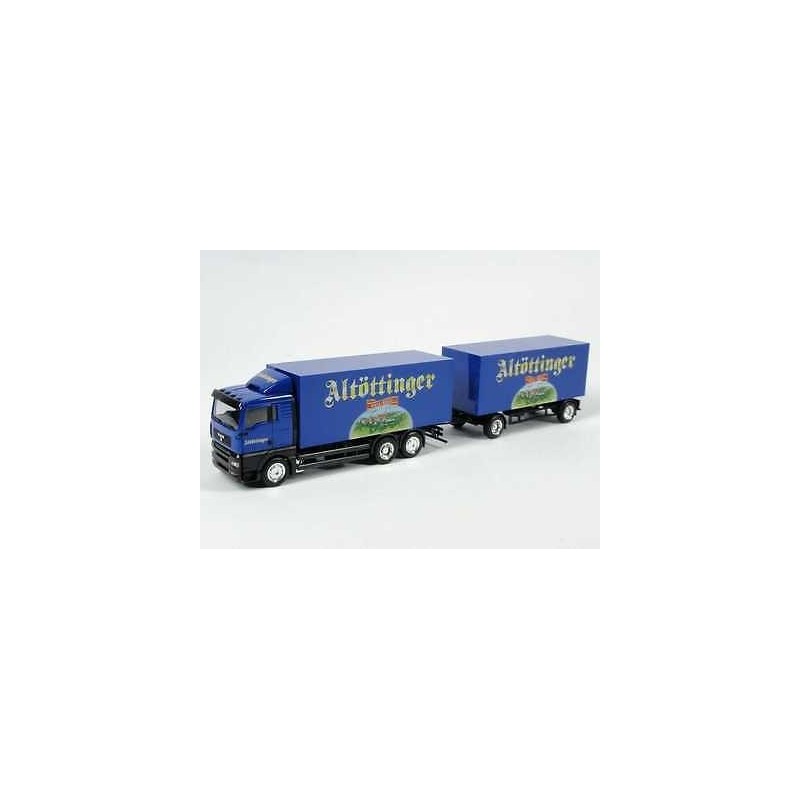 Model MAN TGA XL "Altoettinger", skala 1:87, Herpa. Niebieska ciężarówka z naczepą, logo "Altöttinger".
