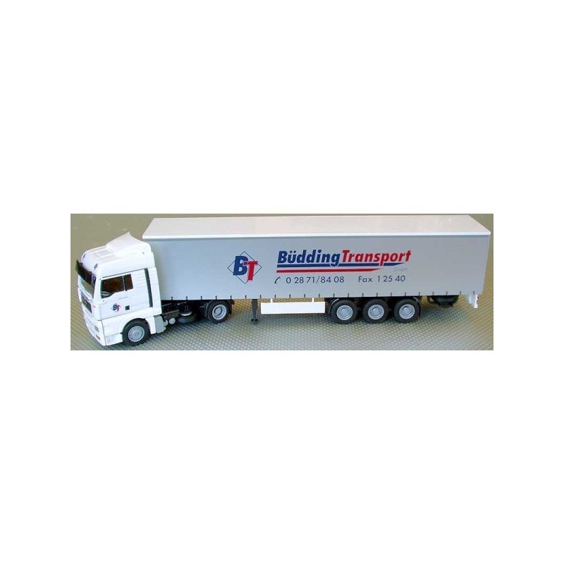 Model MAN TG-A XLX, skala 1:87, G-KSZ "Büdding". Biała ciężarówka z naczepą, logo Büdding Transport.