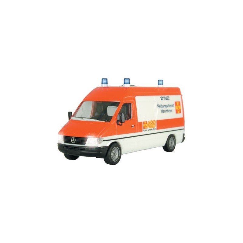 Model redukcyjny Mercedes-Benz Sprinter "Rettungsdienst" w skali 1:87. Pomarańczowo-biały samochód z napisami "Rettungsdienst Ma