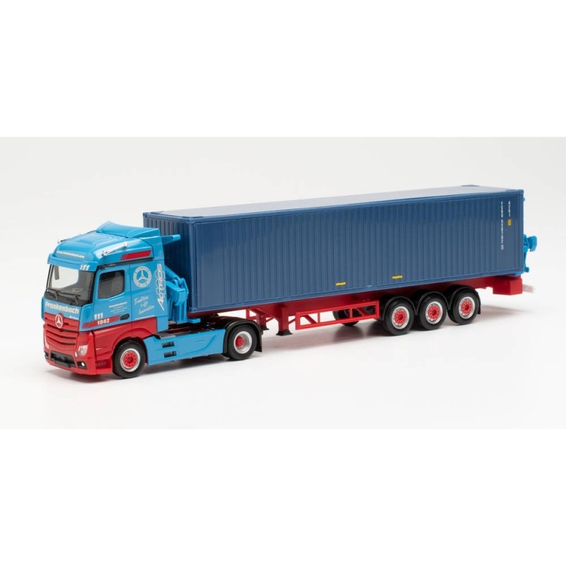 Mercedes-Benz Actros „Frankenbach“, skala 1:87, HERPA. Czerwono-niebieski ciągnik siodłowy z kontenerem.