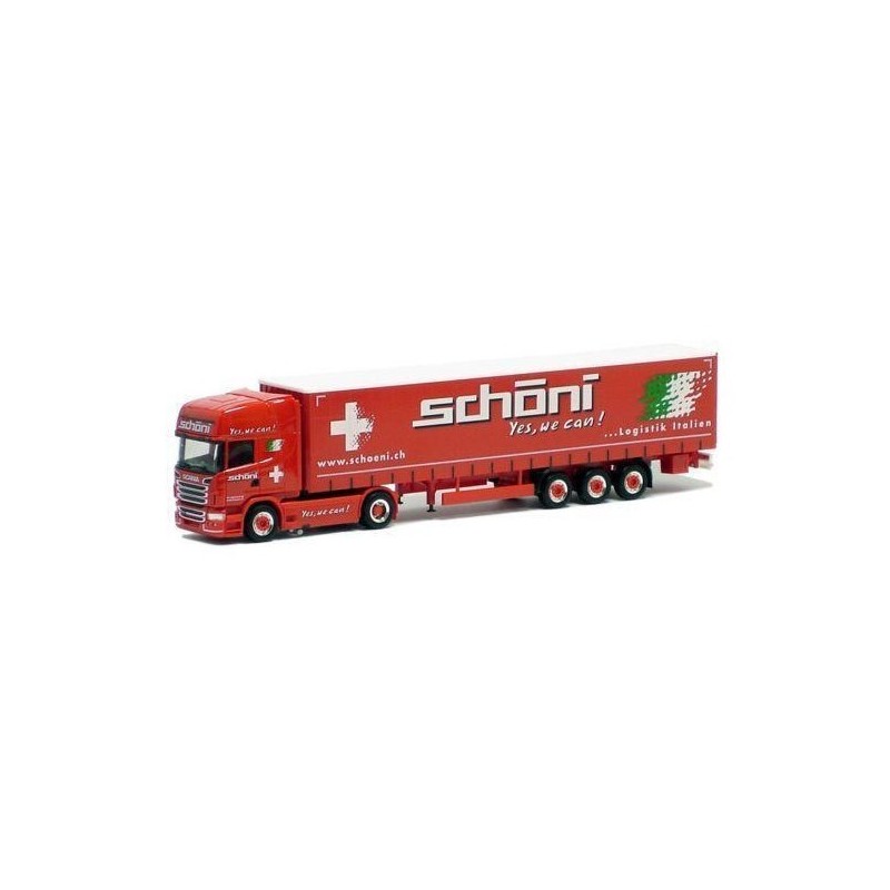 Model redukcyjny MERCEDES-BENZ Actros, skala 1:87, RIE. Czerwony ciągnik siodłowy z naczepą, logo Schöni.