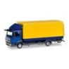 Model redukcyjny Mercedes-Benz Atego, skala 1:87, Herpa. Niebieski z żółtą skrzynią.