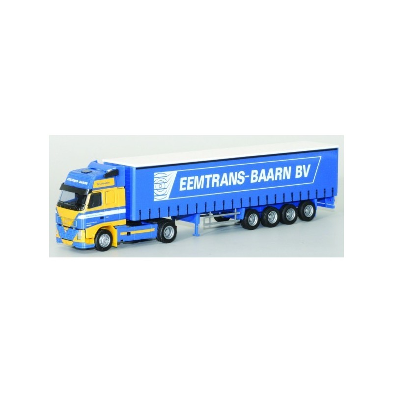 Model redukcyjny Volvo FH XL, skala 1:87, AWM. Niebieska i żółta ciężarówka z naczepą, logo EEMTRANS-BAARN BV.