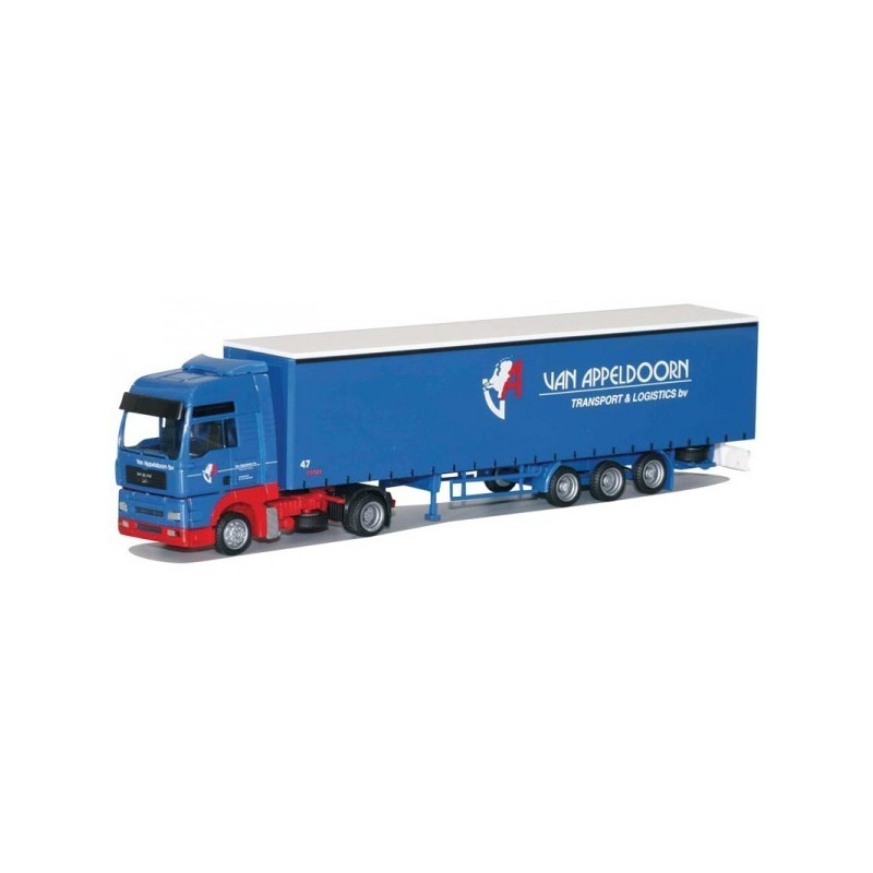 Model redukcyjny MAN TG-A, skala 1:87, AWM. Niebieska ciężarówka z naczepą, logo Van Appeldoorn Transport & Logistics.