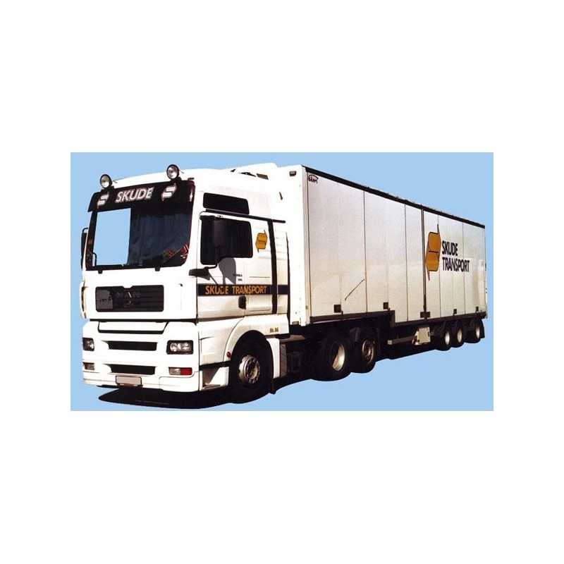 Model redukcyjny MAN TG-A, skala 1:87, AWM. Biały, z naczepą, malowanie Skude Transport.
