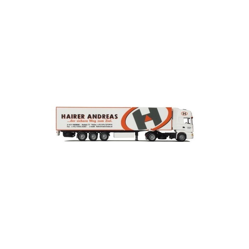 Model redukcyjny Scania "4" R, skala 1:87, AWM. Biały ciągnik siodłowy z naczepą, logo Hairer Andreas.