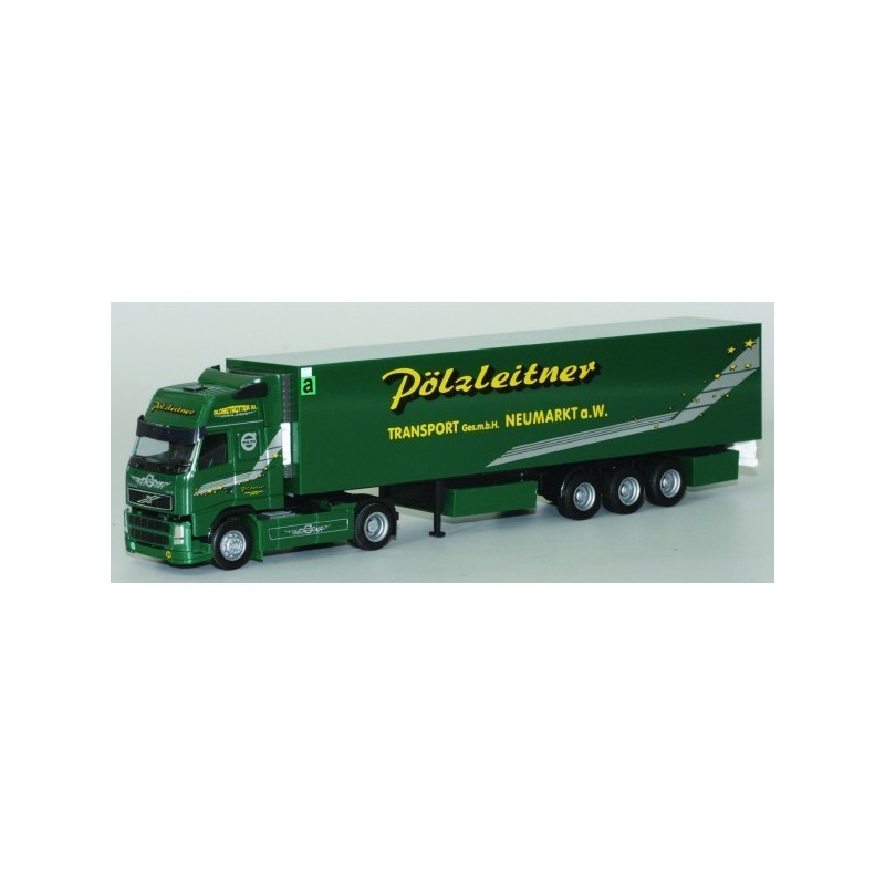 Model redukcyjny Volvo "NEU" XL, AWM, zielony ciągnik siodłowy z naczepą chłodnią, logo Pölzleitner Transport.