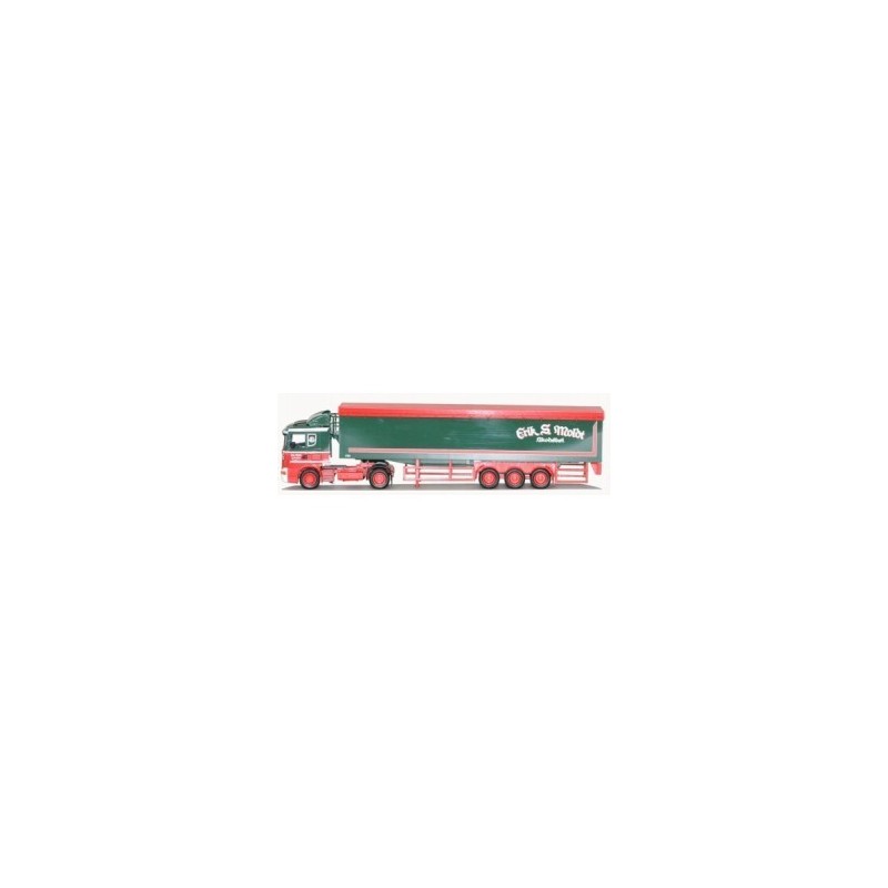 Model Scania "4" R / Aerop. - Schubboden-SZ, skala 1:87, AWM. Zielona i czerwona naczepa, logo.