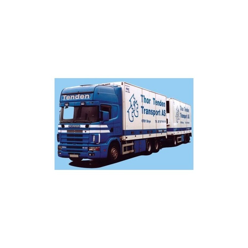 Model Scania "4" R, skala 1:87, AWM. Niebieska ciężarówka z białą naczepą, logo Tenden Transport.