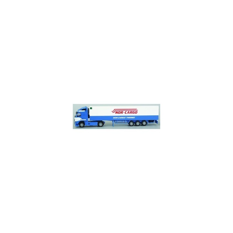 Model redukcyjny Volvo FH XL, skala 1:87, AWM. Biała i niebieska chłodnia, logo Nor-Cargo.