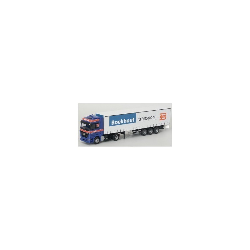 Model redukcyjny MB Actros MP2, skala 1:87, AWM. Błękitno-czerwony, z naczepą białą i logotypem Boekhout transport.