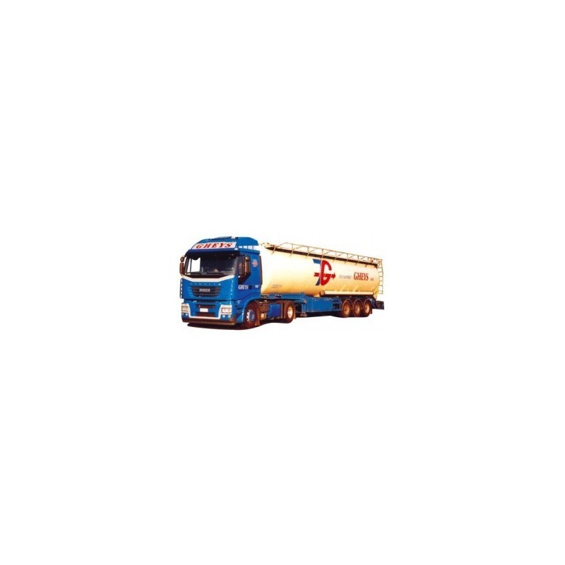 Model Iveco Stralis Kippsilo-SZ, skala 1:87, AWM. Niebieska ciężarówka z białą cysterną, logo Gheys.