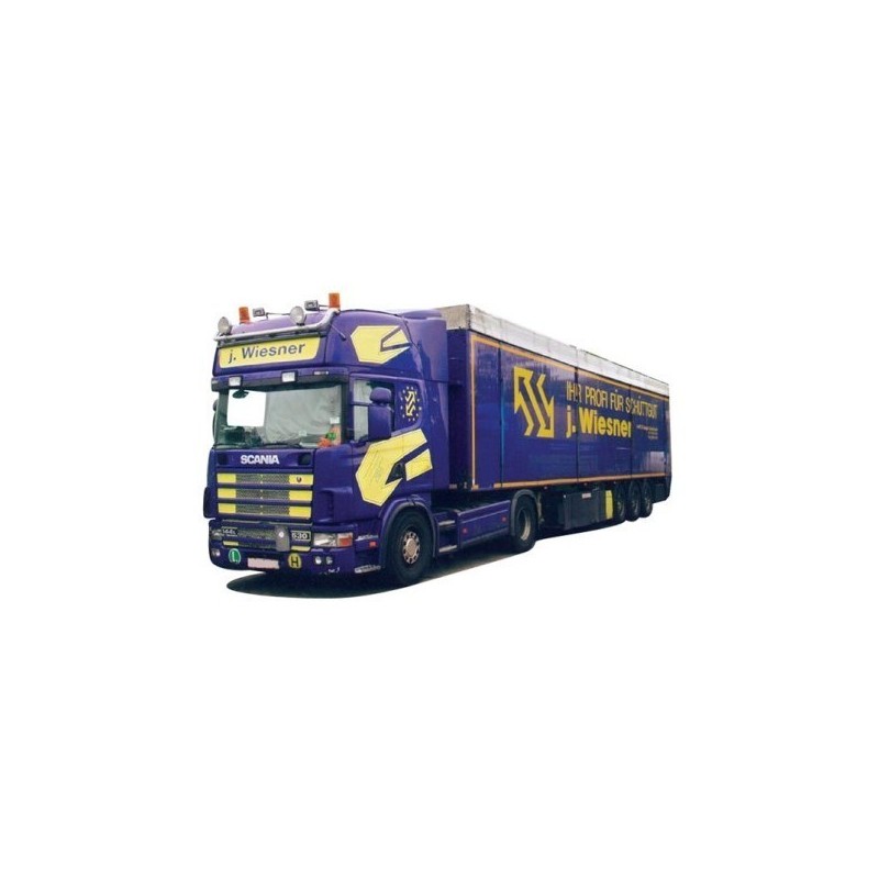 Model Scania "R" Topl./Aerop. - Schubboden-SZ, skala 1:87, AWM. Ciemnopurple truck z żółtymi detalami, logo "J. Wiesner".