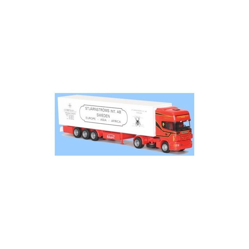 Model redukcyjny Scania "R" Topl./Aerop. - Kühl-KSZ, skala 1:87, AWM. Czerwony ciągnik siodłowy z białą naczepą chłodnią.