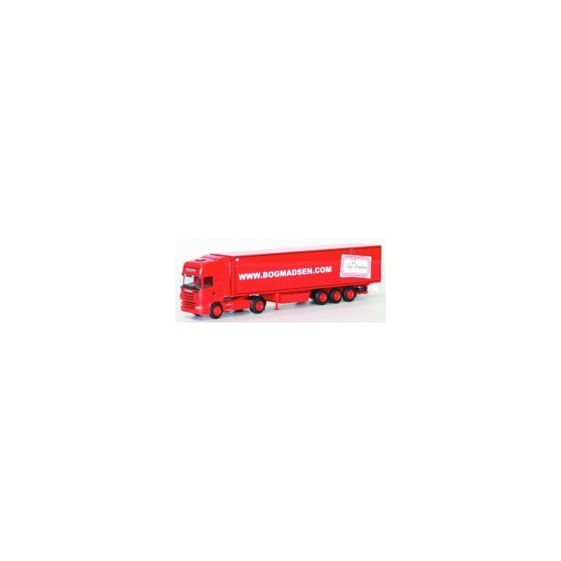 Model Scania R, skala 1:87, AWM. Czerwony zestaw chłodni, logo www.bogmadsen.com.