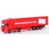 Model Scania R, skala 1:87, AWM. Czerwony zestaw chłodni, logo www.bogmadsen.com.