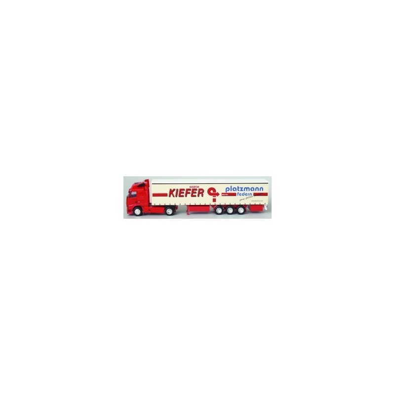 Model redukcyjny Volvo FH Glob. XL / Aerop. - G-KSZ, skala 1:87, AWM. Czerwony ciągnik siodłowy z białą naczepą, logo Kiefer i p