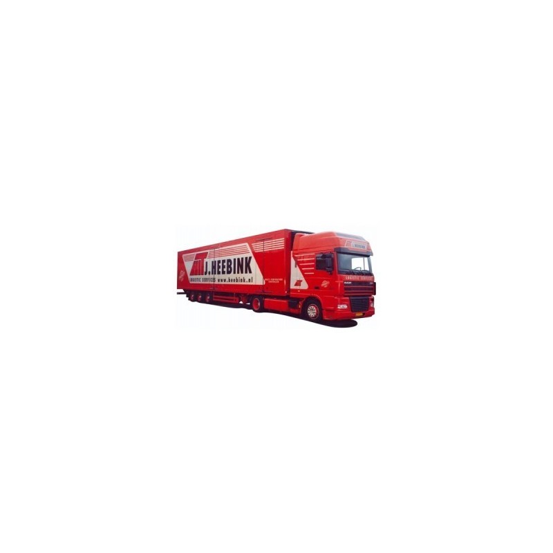 Model DAF XF 95 SSC, skala 1:87, AWM. Czerwona ciężarówka z naczepą chłodnią, logo J. Heebink.