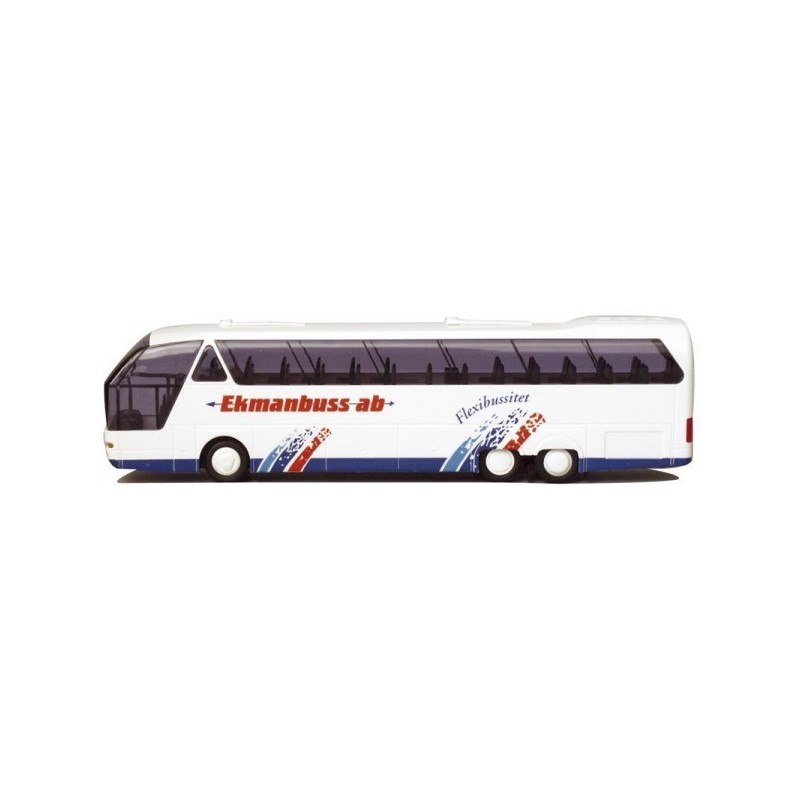 Model redukcyjny Neoplan S 516 SHDL, skala 1:87, AWM. Biały autobus z czerwono-niebieskim malowaniem i napisem "Ekmanbuss-ab".