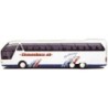 Model redukcyjny Neoplan S 516 SHDL, skala 1:87, AWM. Biały autobus z czerwono-niebieskim malowaniem i napisem "Ekmanbuss-ab".