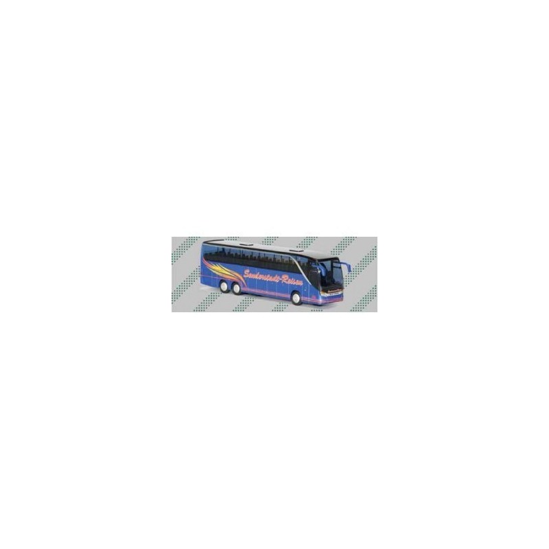 Model redukcyjny autobusu Setra S 416 HDH, skala 1:87, AWM73373, niebieski z żółto-czerwonymi detalami.