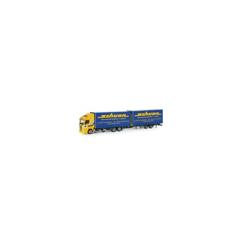 Model Scania R HL "Schuon" Herpa 1:87, żółto-niebieski, logotyp Schuon.