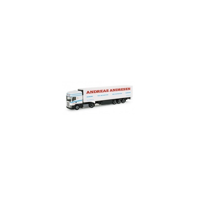 Model Scania R TL, skala H0, Herpa. Malowanie Andreas Andresen, szczegółowy model ciężarówki.