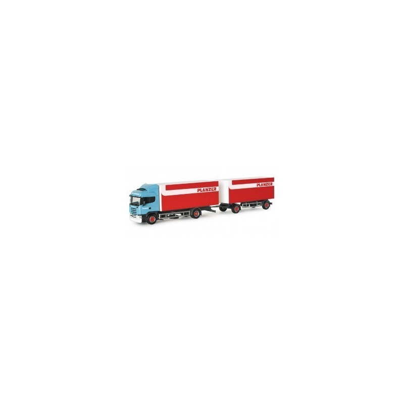 Model Scania R Highline "Plazer" Herpa, skala 1:87, niebieska kabina, czerwone naczepy.