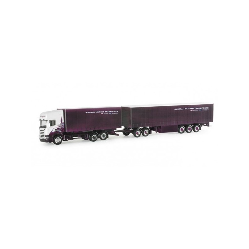 Model Scania R TL "Guntram Muther" (A) 1:87, Herpa. Ciężarówka z białą kabiną i fioletową naczepą.