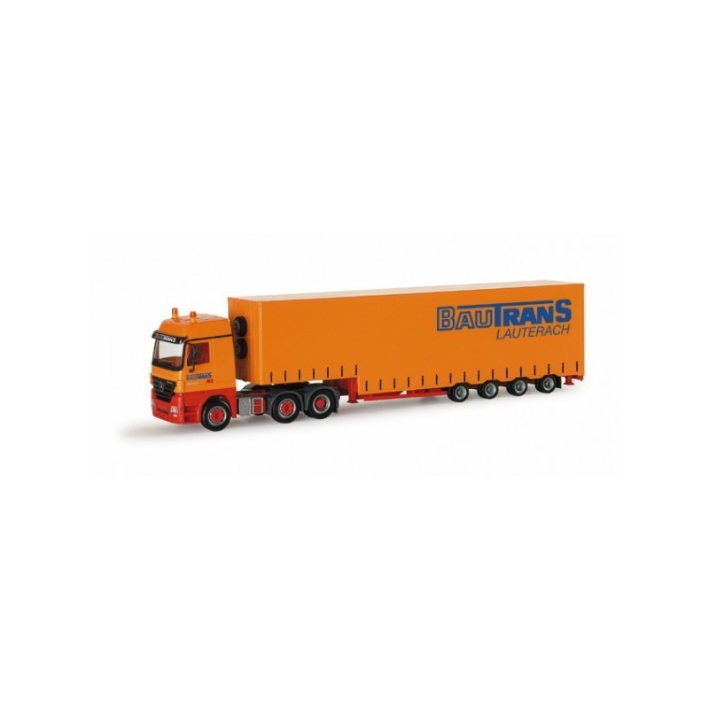 Model redukcyjny Mercedes-Benz Actros, skala 1:87, Herpa. Pomarańczowa ciężarówka z naczepą "Bautrans".