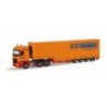 Model redukcyjny Mercedes-Benz Actros, skala 1:87, Herpa. Pomarańczowa ciężarówka z naczepą "Bautrans".